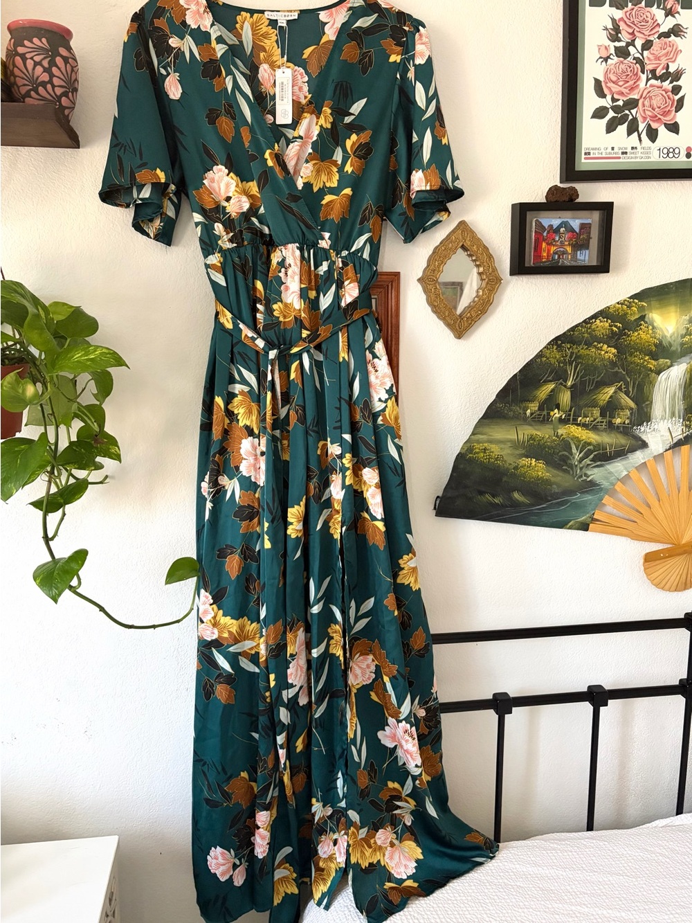 NWT Elegant Baltic Born Sicily Satin Maxi Dress Dark Green Floral XXL Formal